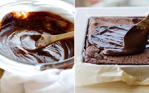 Chocolate fudge on cake bars.